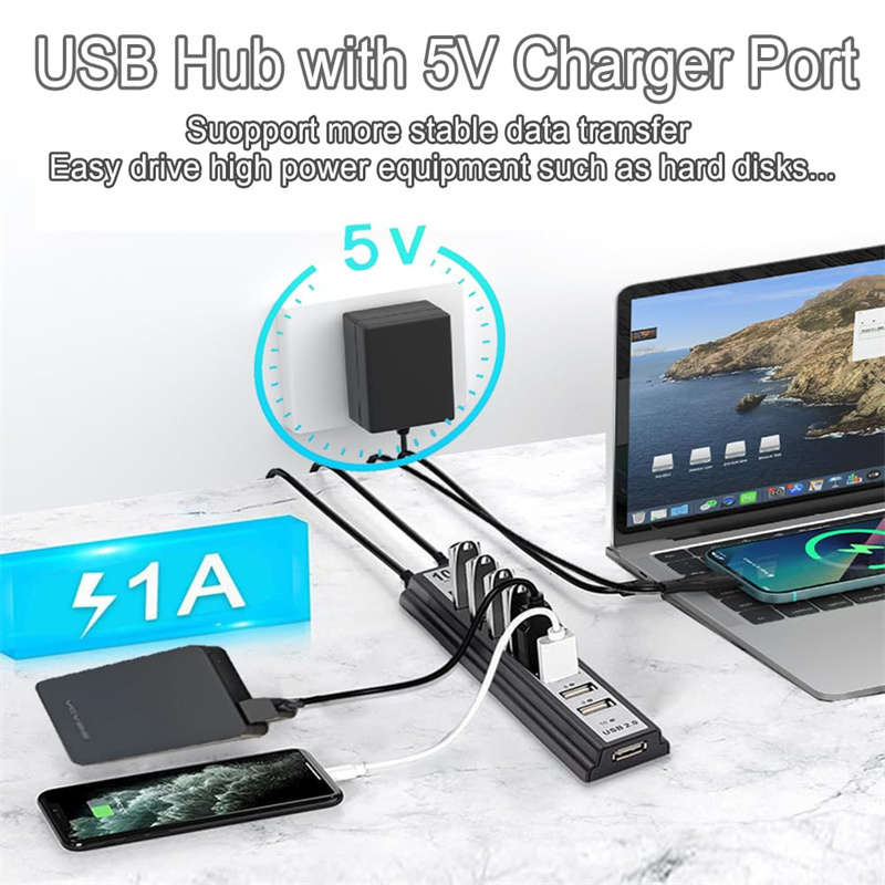10-Port USB 2.0 Adapter Hub with Charger and Printer Cables