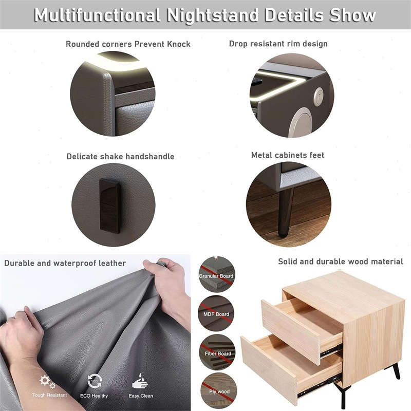 Modern Smart Bedside Table with Wireless Charging Color Light Fingerprint Lock Sound