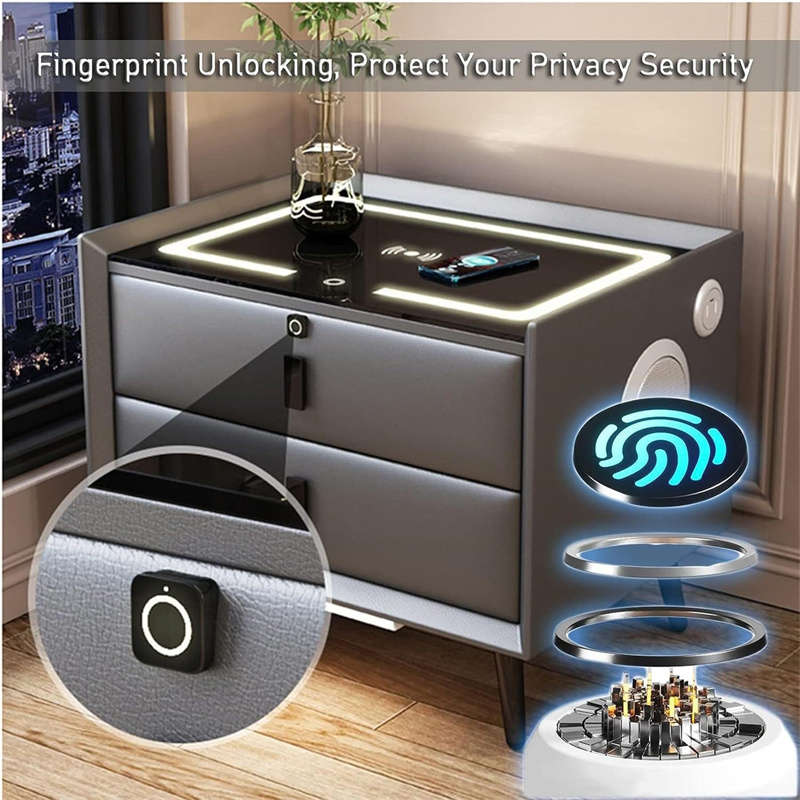 Modern Smart Bedside Table with Wireless Charging Color Light Fingerprint Lock Sound