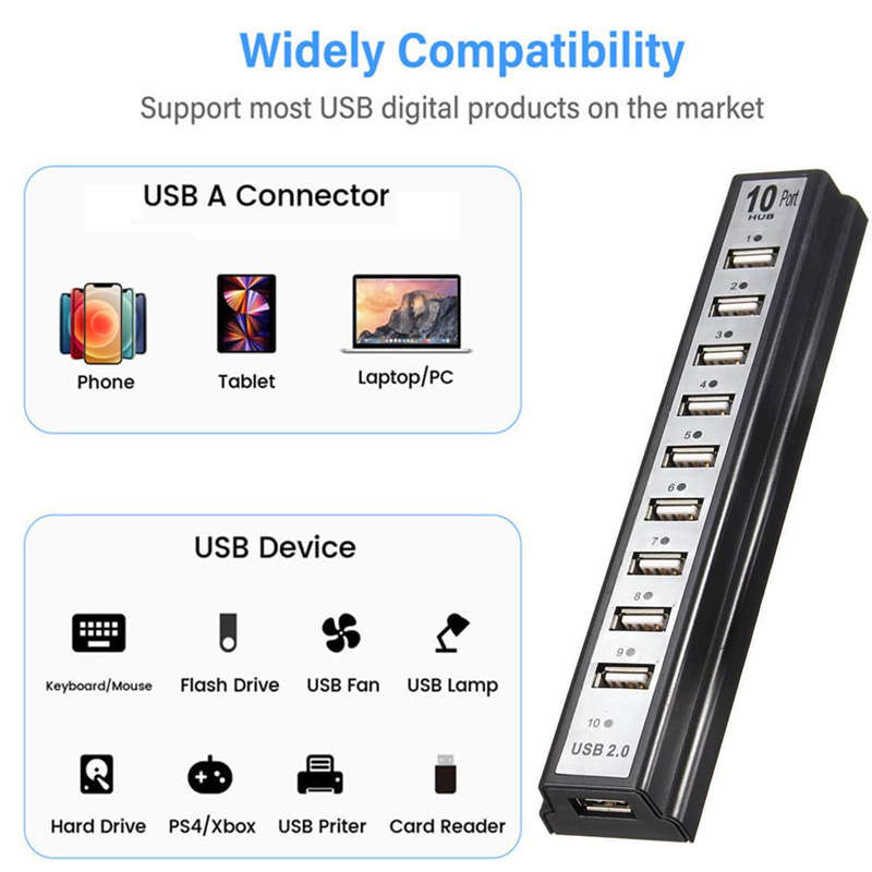 10-Port USB 2.0 Adapter Hub with Charger and Printer Cables