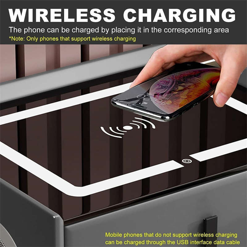 Modern Smart Bedside Table with Wireless Charging Color Light Fingerprint Lock Sound