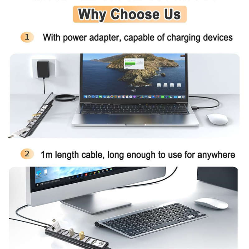10-Port USB 2.0 Adapter Hub with Charger and Printer Cables