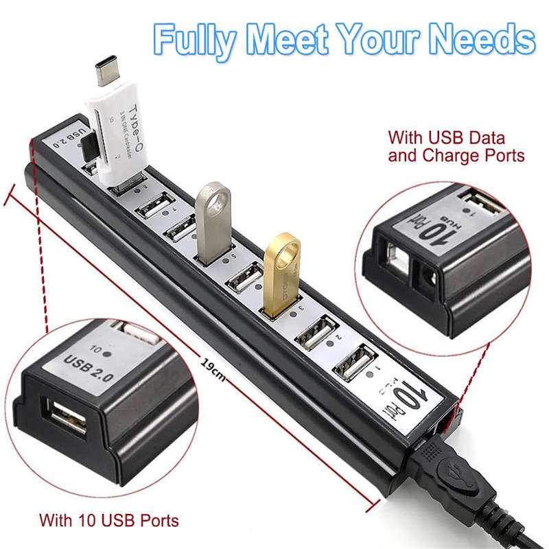 10-Port USB 2.0 Adapter Hub with Charger and Printer Cables