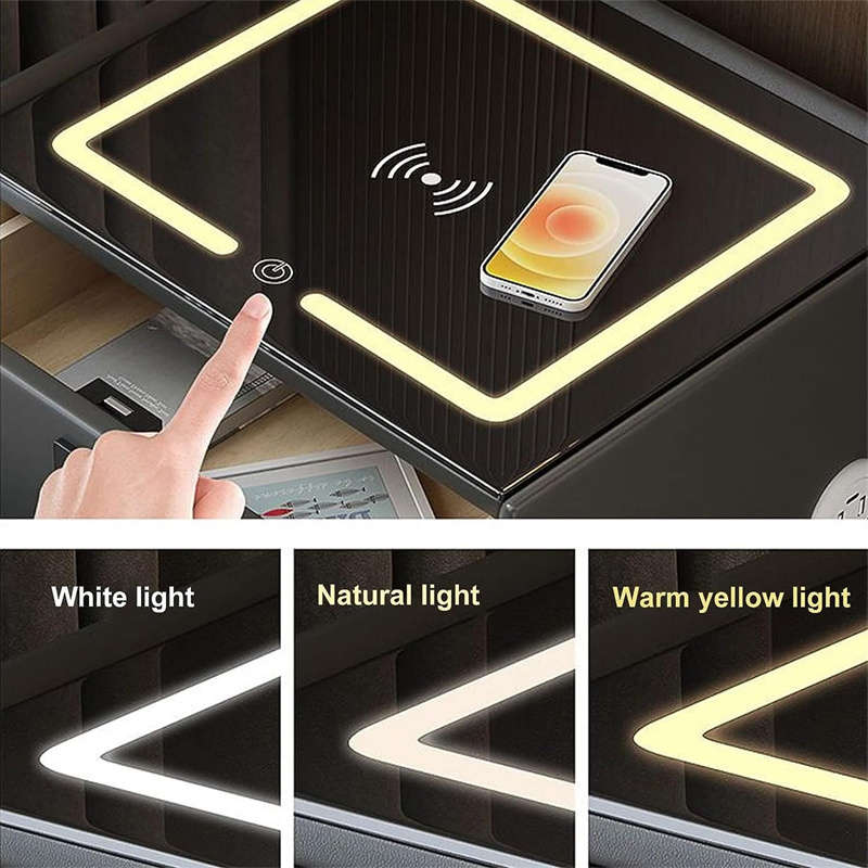 Modern Smart Bedside Table with Wireless Charging Color Light Fingerprint Lock Sound