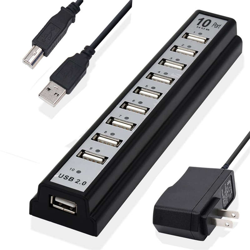 10-Port USB 2.0 Adapter Hub with Charger and Printer Cables