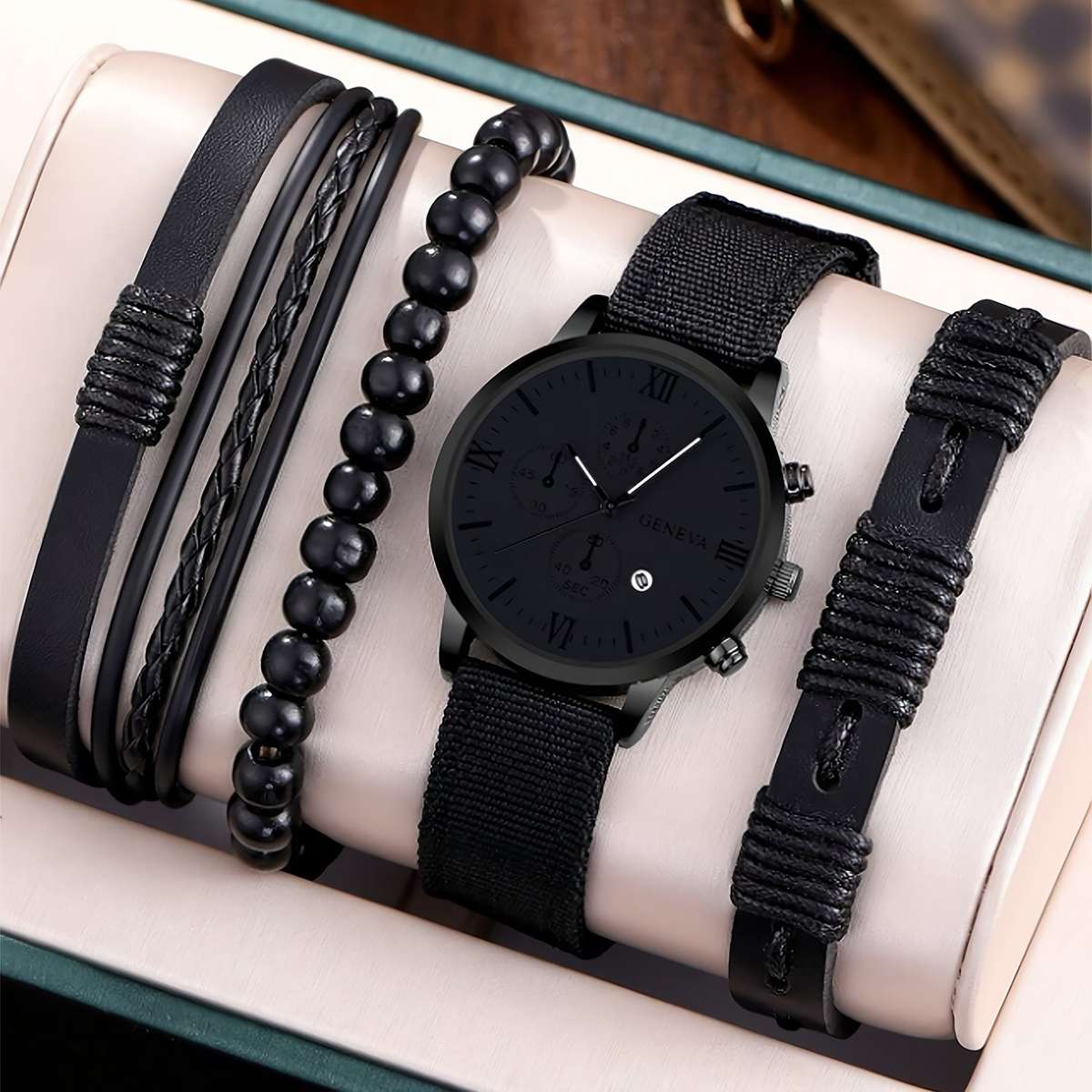 4 Pieces Stylish Black Round Analog Digital Quartz Watches with Canvas Straps, 3 Bonus Bracelet Shad