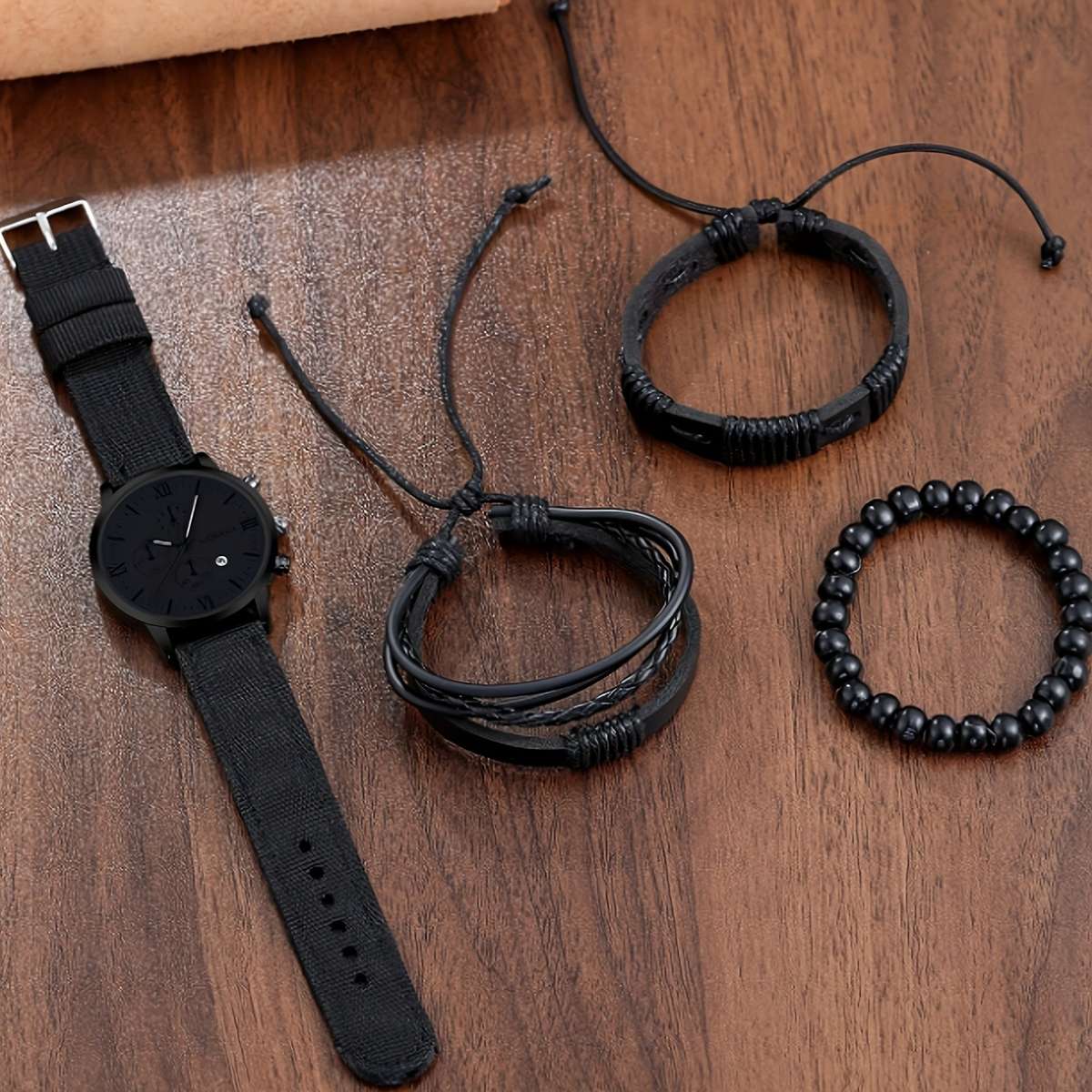 4 Pieces Stylish Black Round Analog Digital Quartz Watches with Canvas Straps, 3 Bonus Bracelet Shad