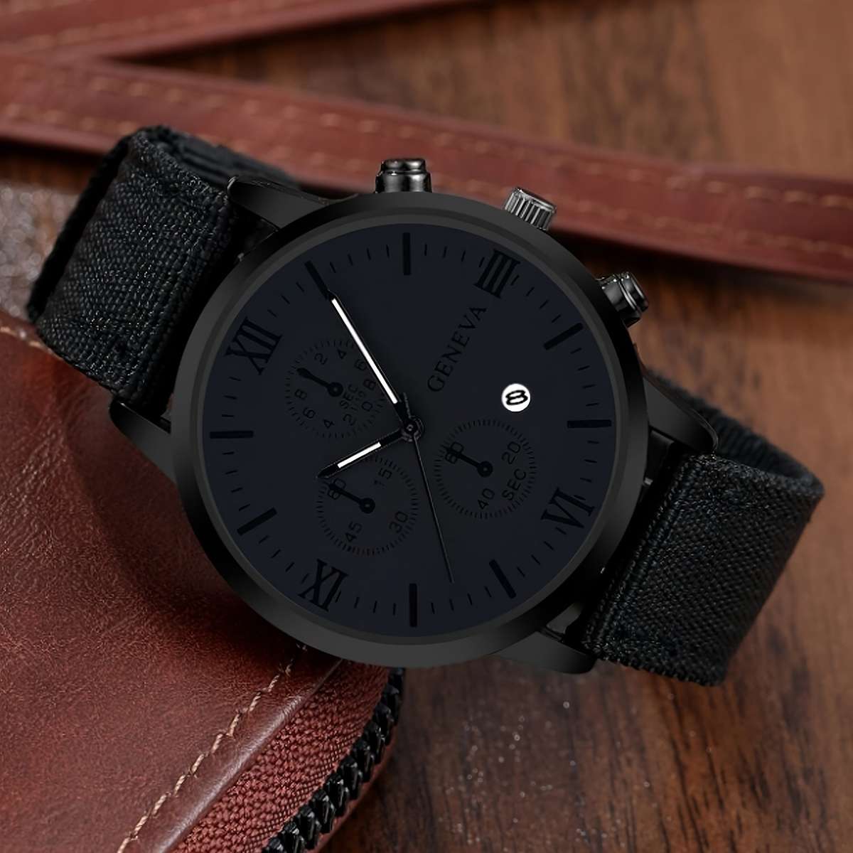 4 Pieces Stylish Black Round Analog Digital Quartz Watches with Canvas Straps, 3 Bonus Bracelet Shad