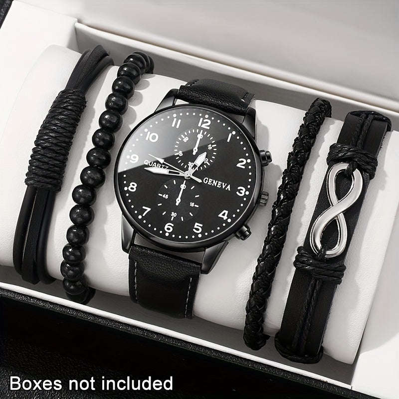 Men's Quartz Watch and Faux Leather Bracelet Set