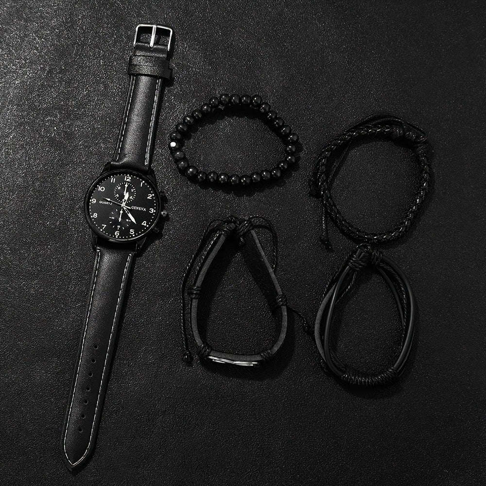 Men's Quartz Watch and Faux Leather Bracelet Set