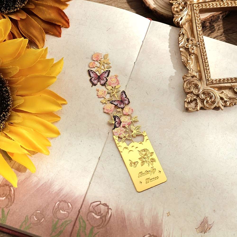 1 Piece Vintage Pink Rose Butterfly Metal Bookmark