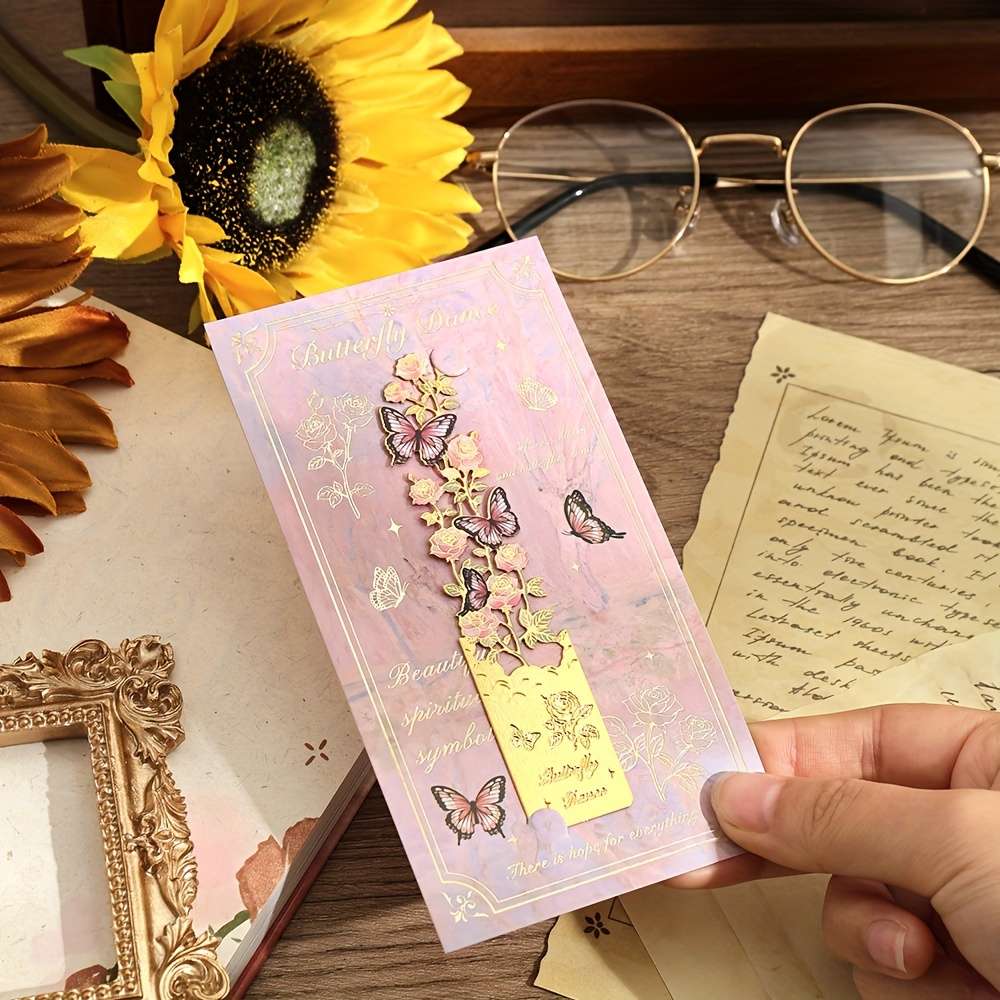 1 Piece Vintage Pink Rose Butterfly Metal Bookmark