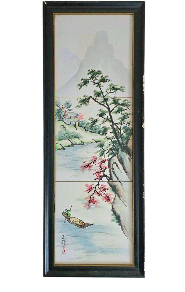 Japanese hand painted ceramic tiles x 3 in a frame