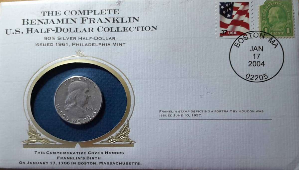 USA FRANKLIN 1961 90% SILVER HALF DOLLAR - COULD BE UNCIRCULATED, MOUNTED IN A 2004 FDC.
