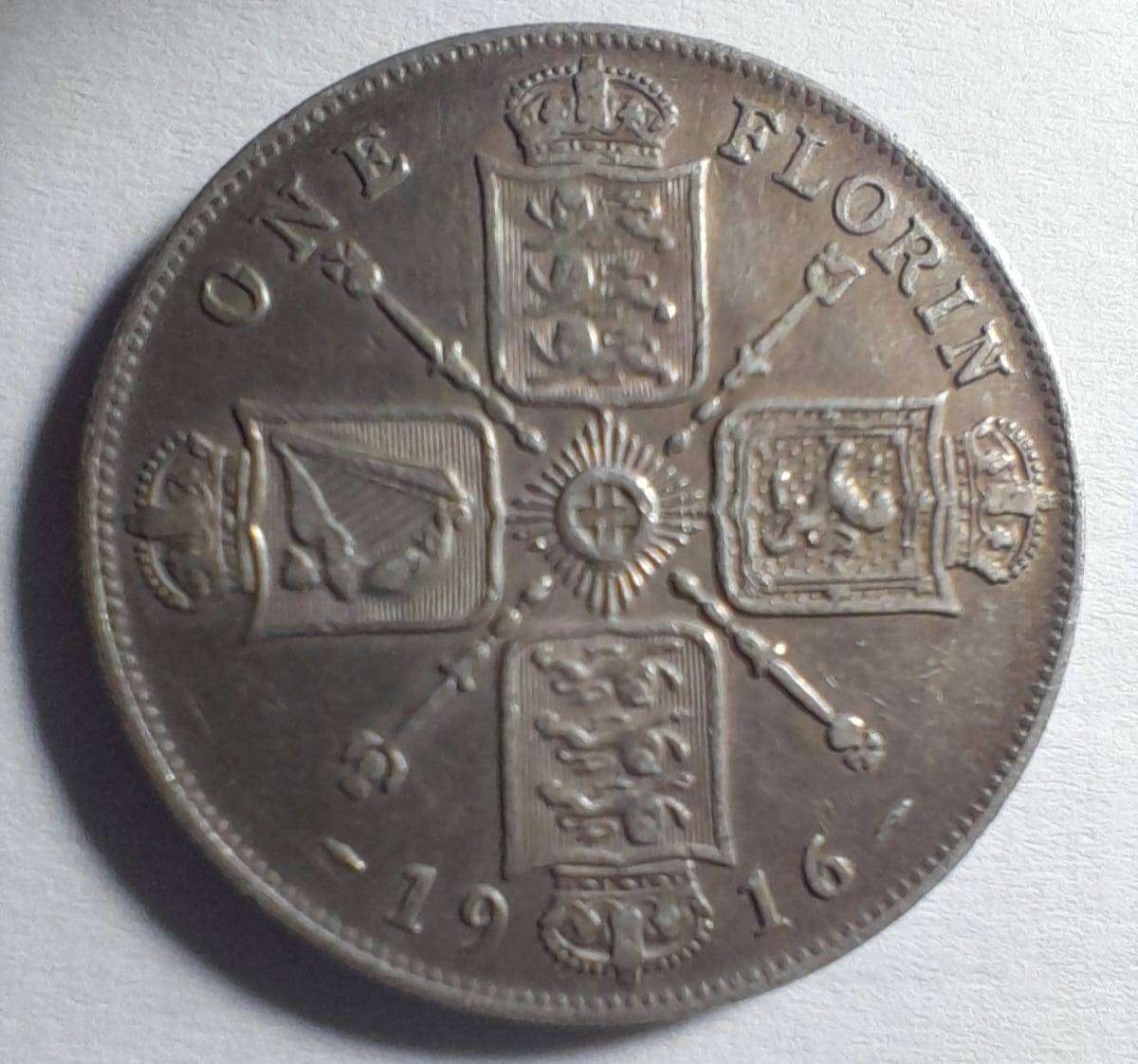 BRITISH 1916 KING GEORGE V  0,935 SILVER FLORIN.  SILVER VALUE about R500,00.