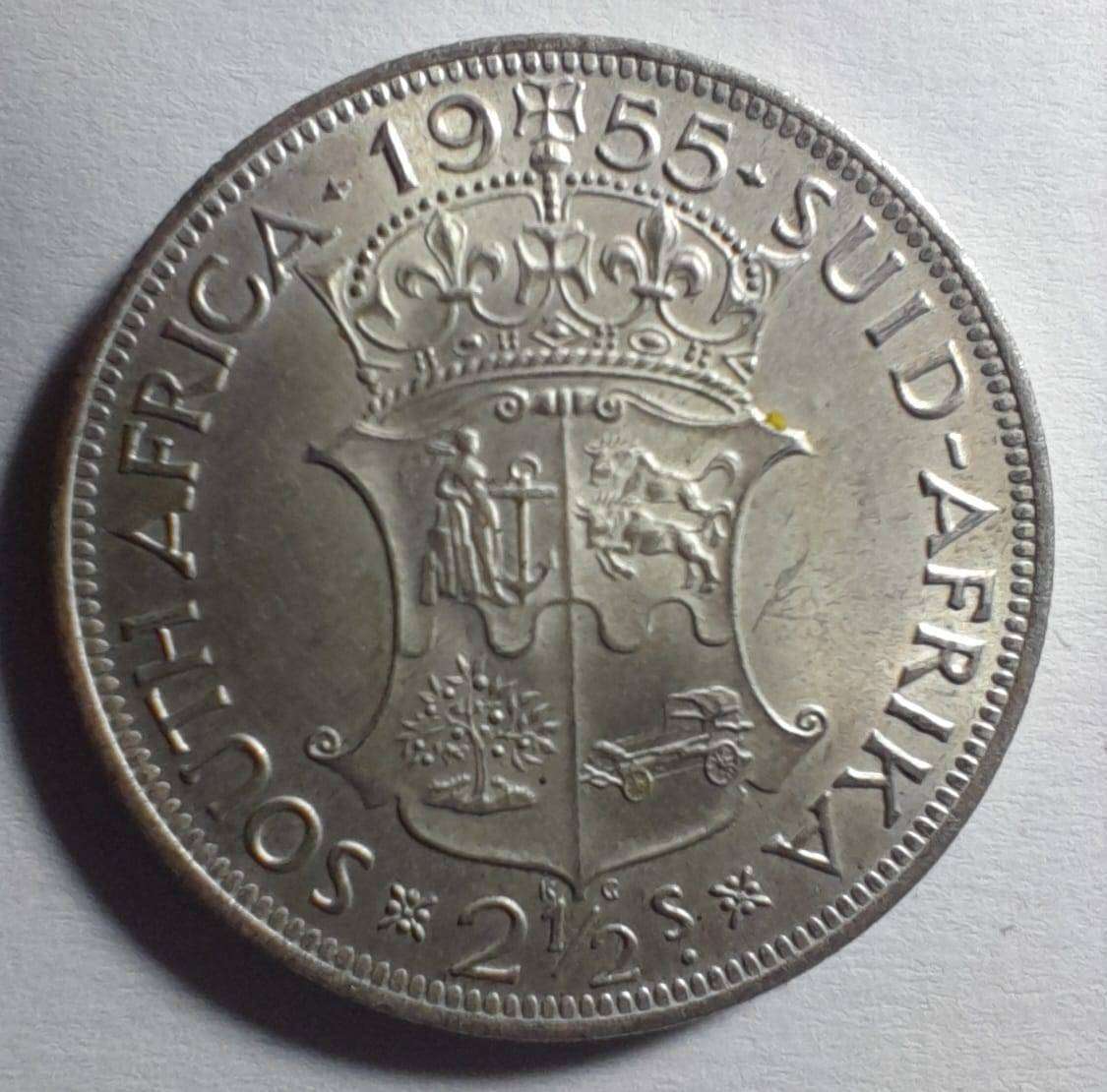 RSA 1955 ABOUT UNC 50% SILVER 21/2 SHILLING PIECE - ENCAPSULATED. COIN WEIGHT 14,14 GRAMS.