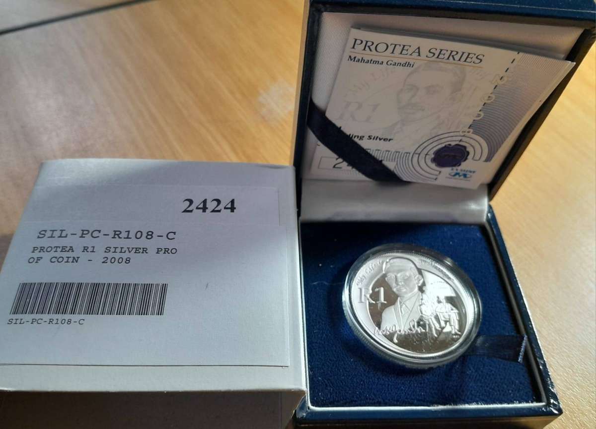 RSA 2008 PROOF GANDHI SILVER R1 in S A MINT BOX with CoA and in CAPSULE. GENERIC IMAGE.