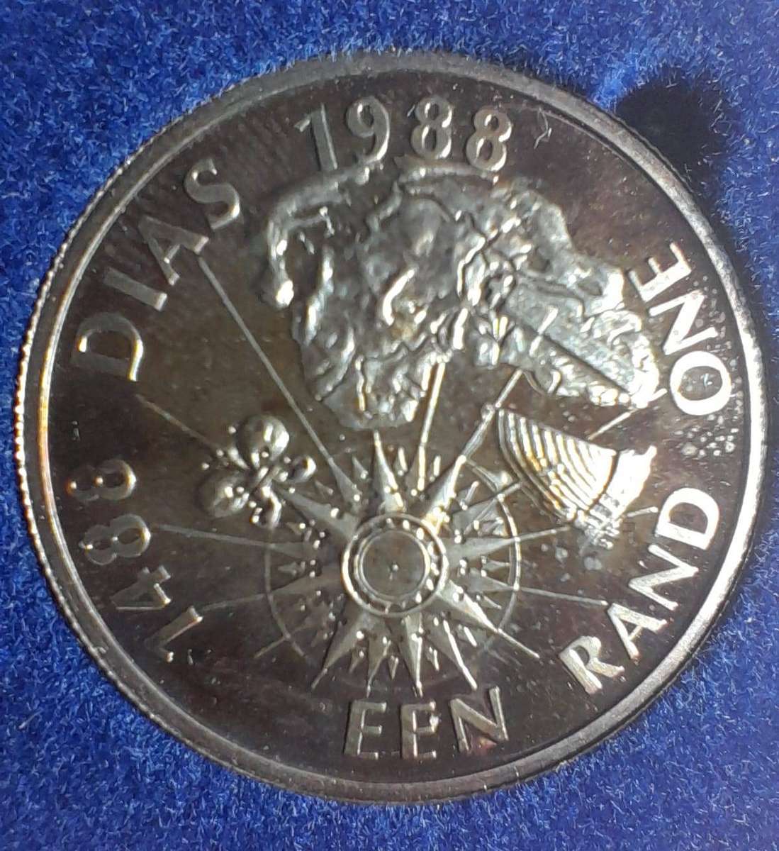 RSA 1988 PROOF DIAZ SILVER R1 - LOVELY TONING ON THE REVERSE  SIDE-in LARGE SA MINT BOX no CAPSULE.