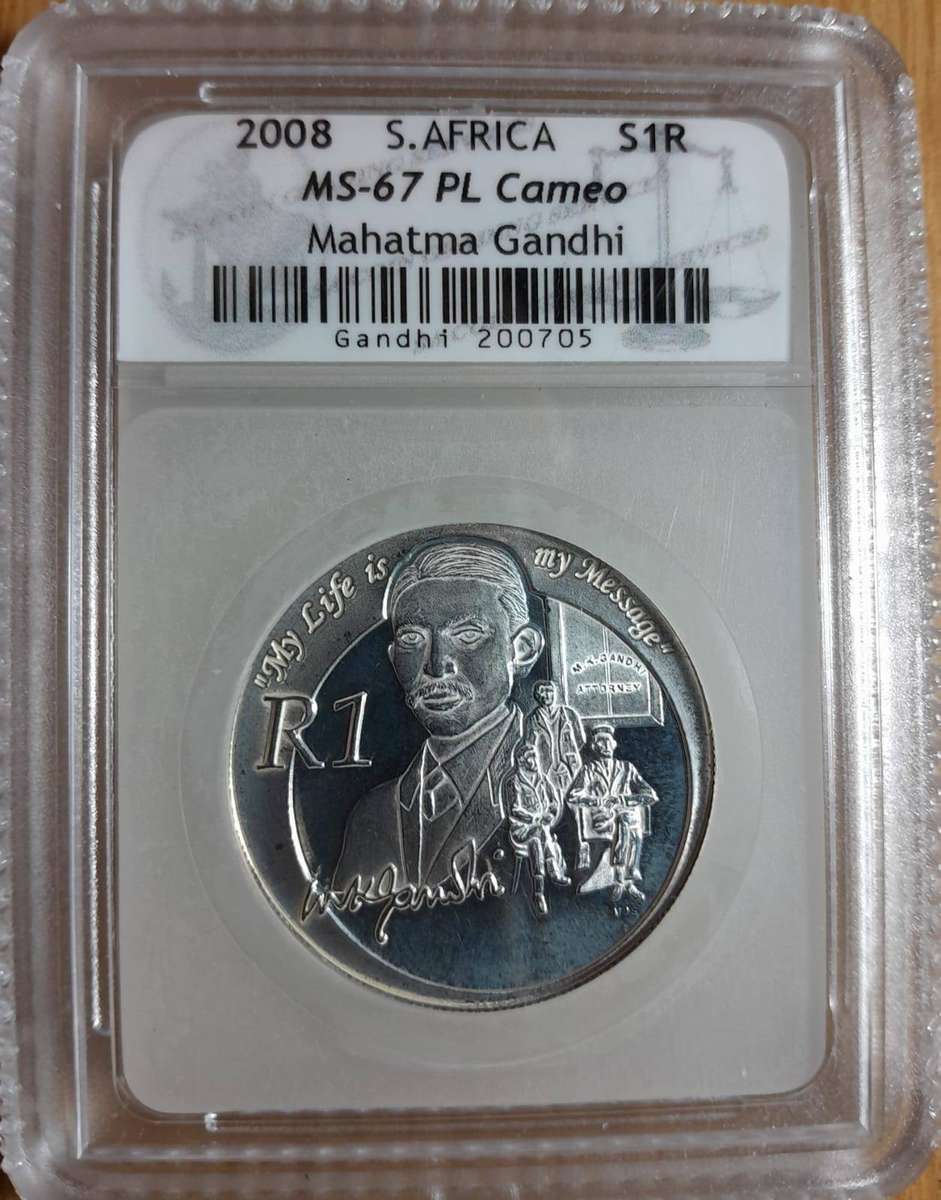 RSA 2008 GANDHI SILVER R1 GRADED SACGS MS67 PL CAMEO