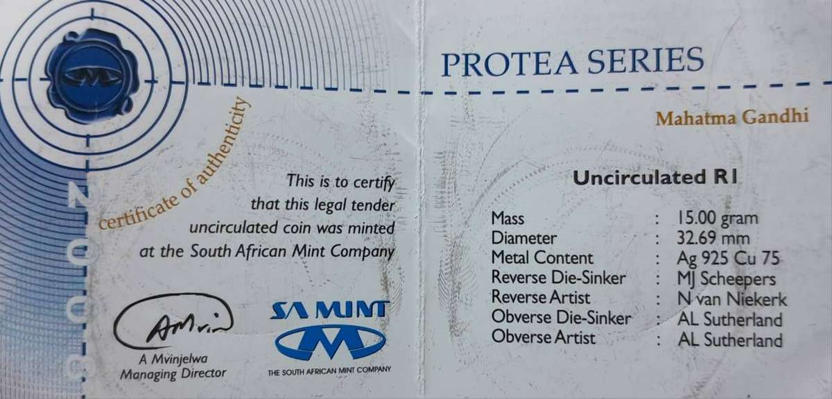 RSA 2008 GANDHI UNC SILVER R1 in SA MINT POUCH with CoA.