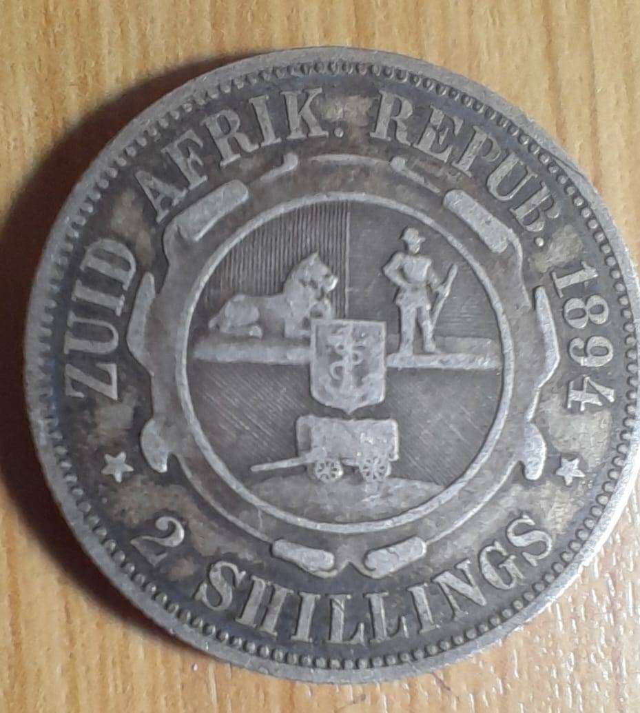 ZAR 1894 CIRCULATED SILVER 2/- COIN, 92,5% SILVER -  IN CAPSULE.