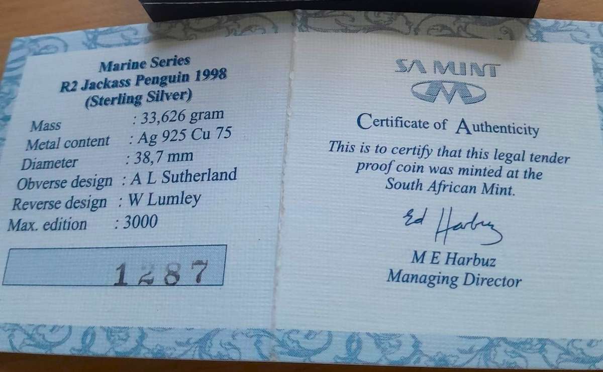 1998 MARINE SERIES PROOF R2 STERLING SILVER PENGUIN-IN SA MINT BOX/CAPSULE.