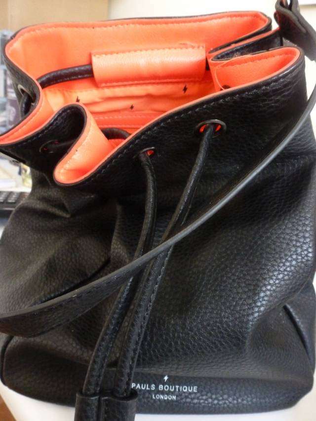 HANDBAG - BLACK WITH RED INTERIOR.  PAULS BOTIQUE LONDON