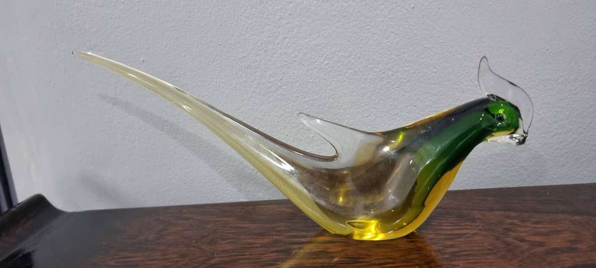 Exquisite MCM Hand-Blown Art Glass Bird  Yellow & Green