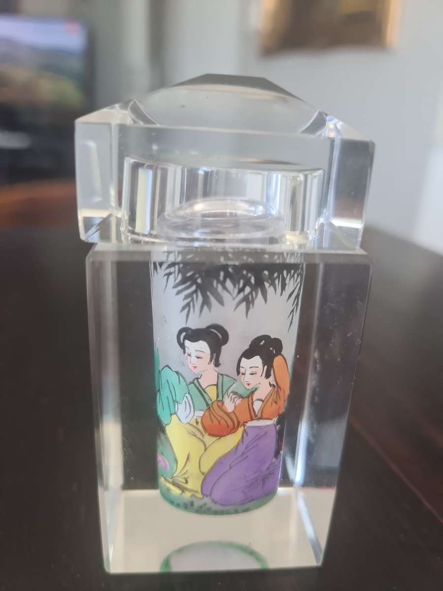 High quality vintage Chinese reverse hand painted figural glass crystal Container