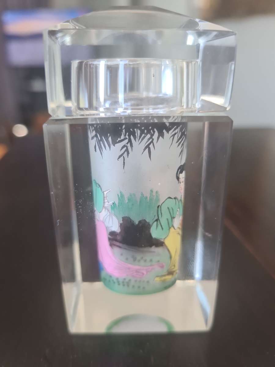 High quality vintage Chinese reverse hand painted figural glass crystal Container