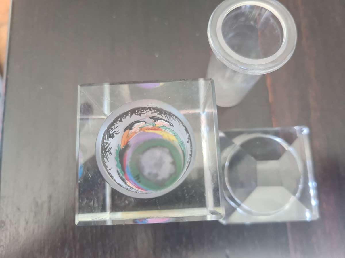 High quality vintage Chinese reverse hand painted figural glass crystal Container