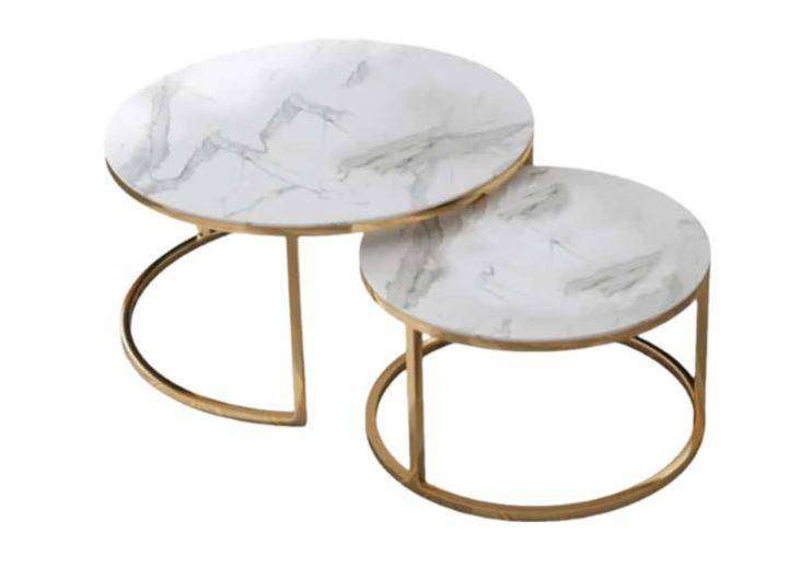2 Pieces Of Round Marble Stone Gold Metal Coffee Table