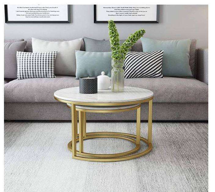 2 Pieces Of Round Marble Stone Gold Metal Coffee Table