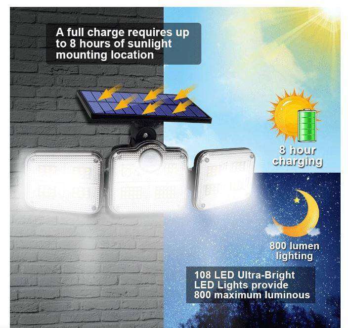 122 LED Solar Lights Outdoor 3 Head Motion Sensor with Remote control