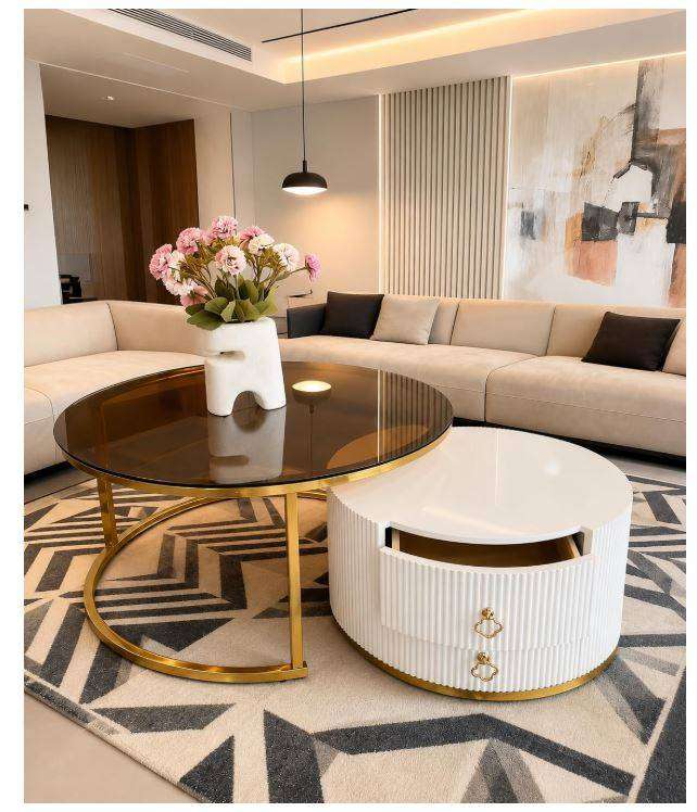 Modern 2 Piece Elegant Marble & Glass Round Nesting Coffee Table With 2 Storage Drawer