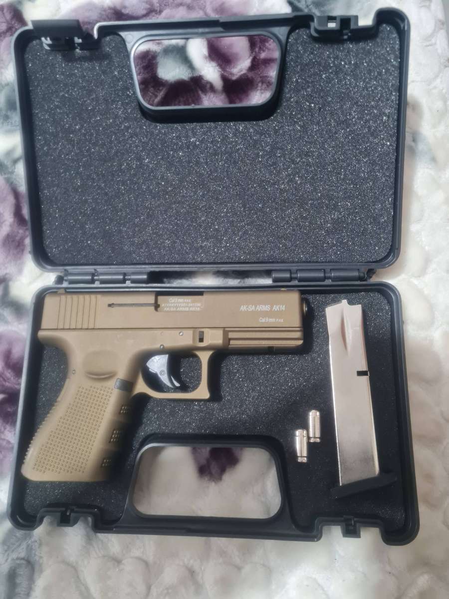 AKSA AK14 Gold/Tan Blank Pepper Gun With 2 Pepper Bullets, Holster And Carry Case