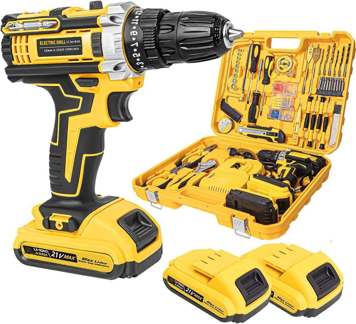 50 Piece 21V Cordless Drill Tool Set - Cordless Power Tool & Hand Tool Kit