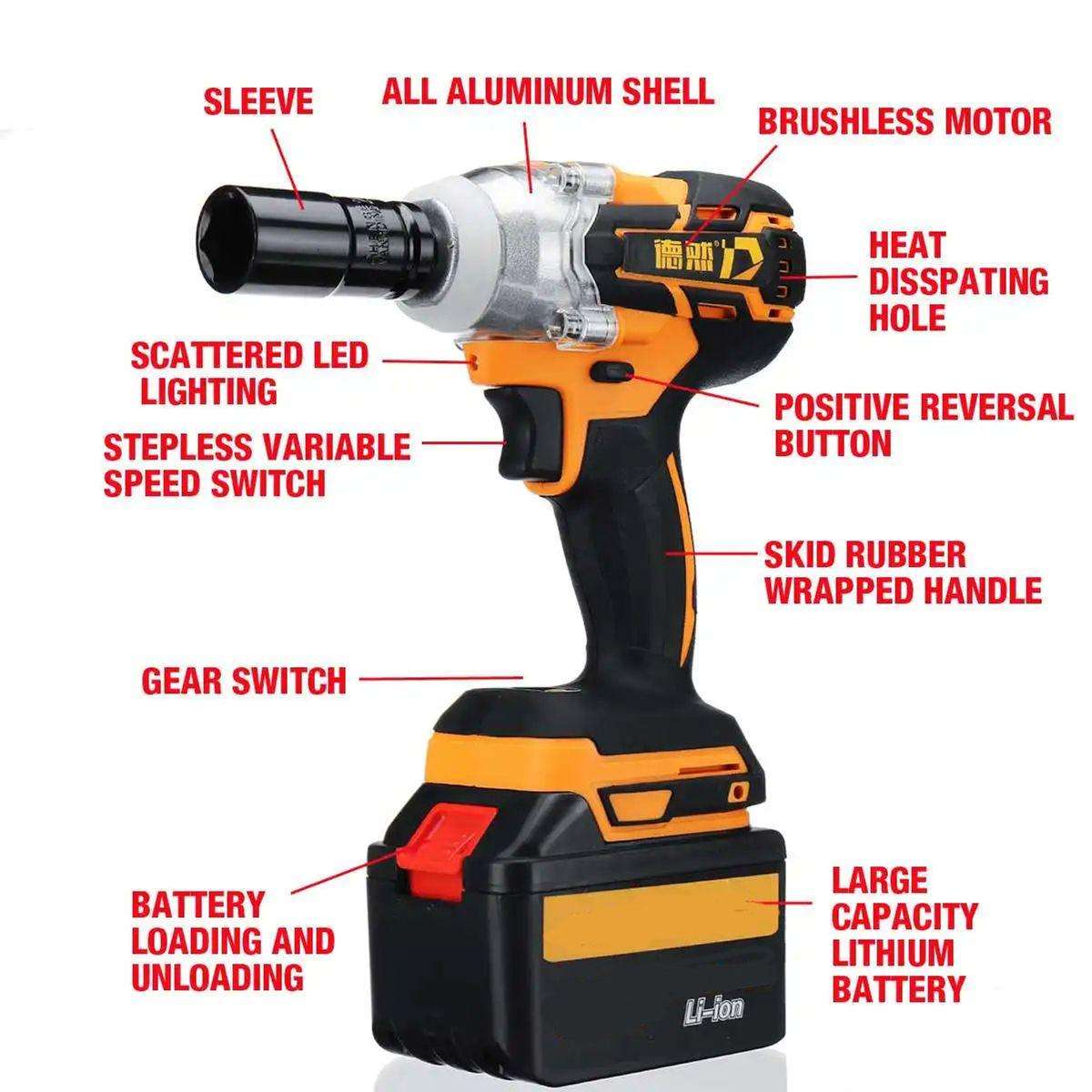 500NM Wireless Impact Wrench, 2 Batteries, Charger, Case & Gloves - 7Pc 21V