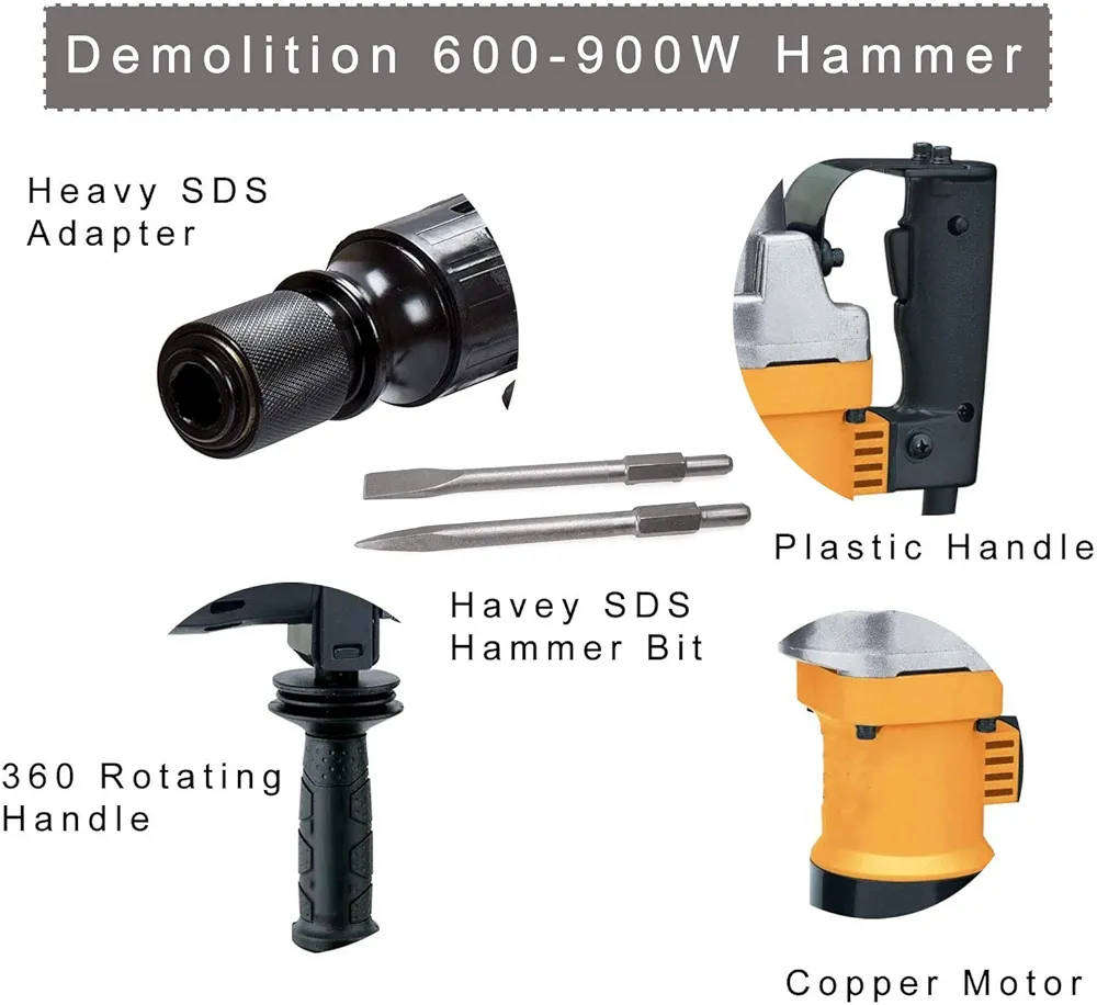 1700W Electric Demolition Jack Hammer Concrete Breaker Chisel Bits and Gloves