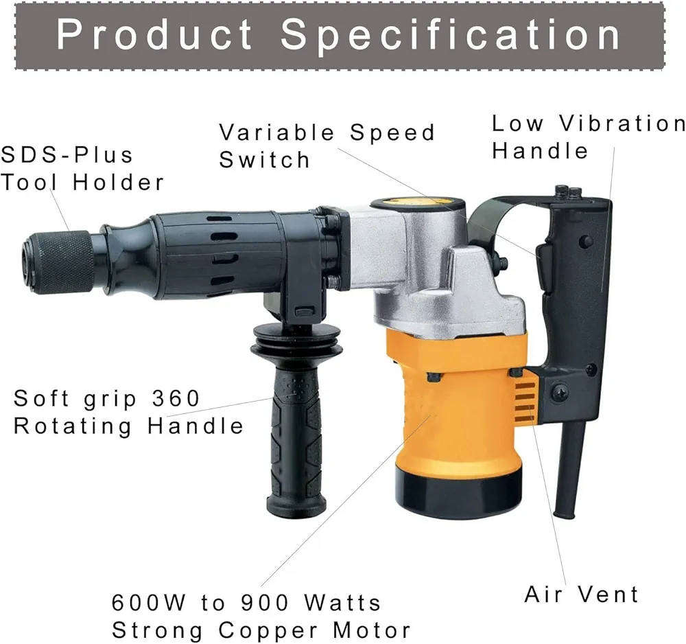 1700W Electric Demolition Jack Hammer Concrete Breaker Chisel Bits and Gloves