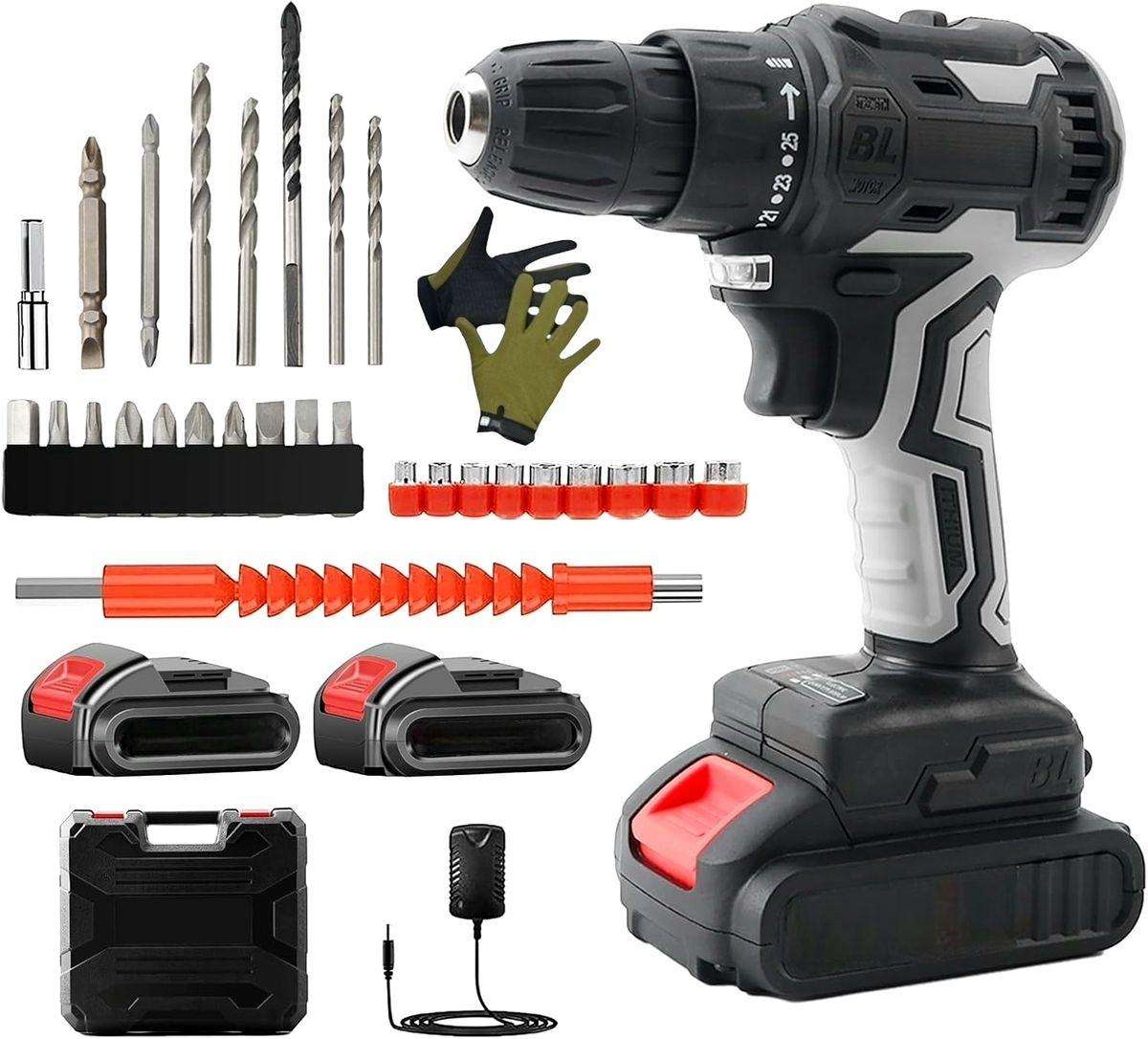 36V Cordless Impact Drill Set With Drill Bits, Gloves & Case - 34 Piece