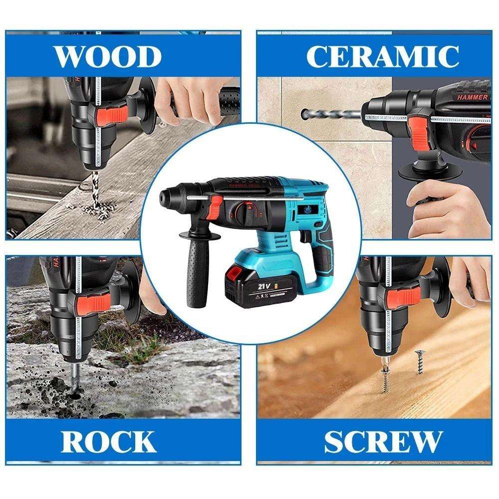 Wireless Handheld Electric Hammer Drill, 2 Lithium Battery Packs & Gloves