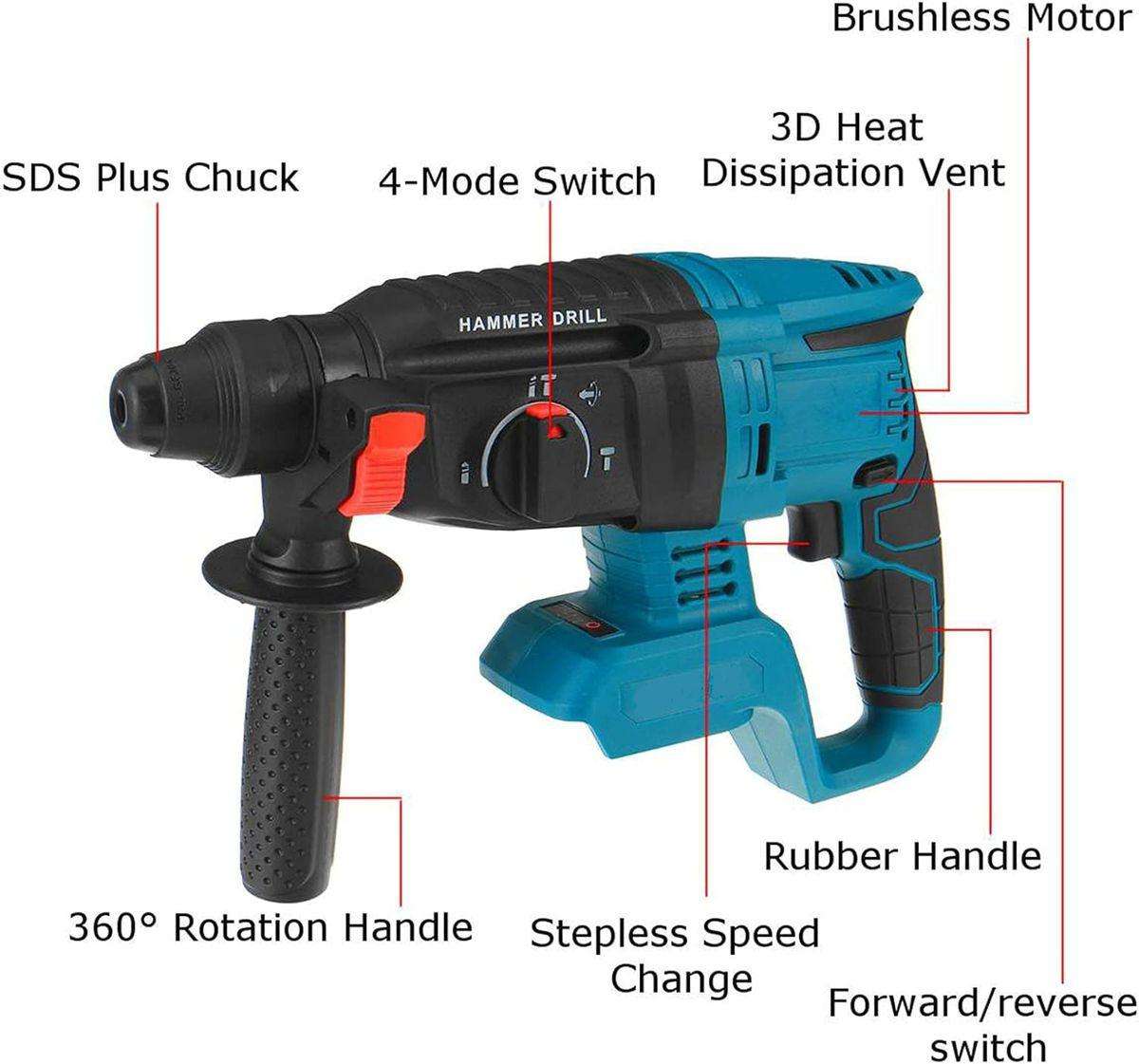 Wireless Handheld Electric Hammer Drill, 2 Lithium Battery Packs & Gloves
