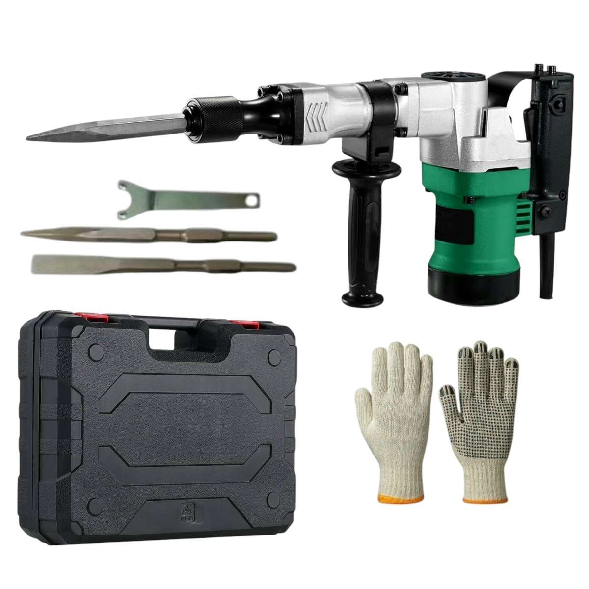 1700W Electric Demolition Jack Hammer Concrete Breaker Chisel Bits and Gloves