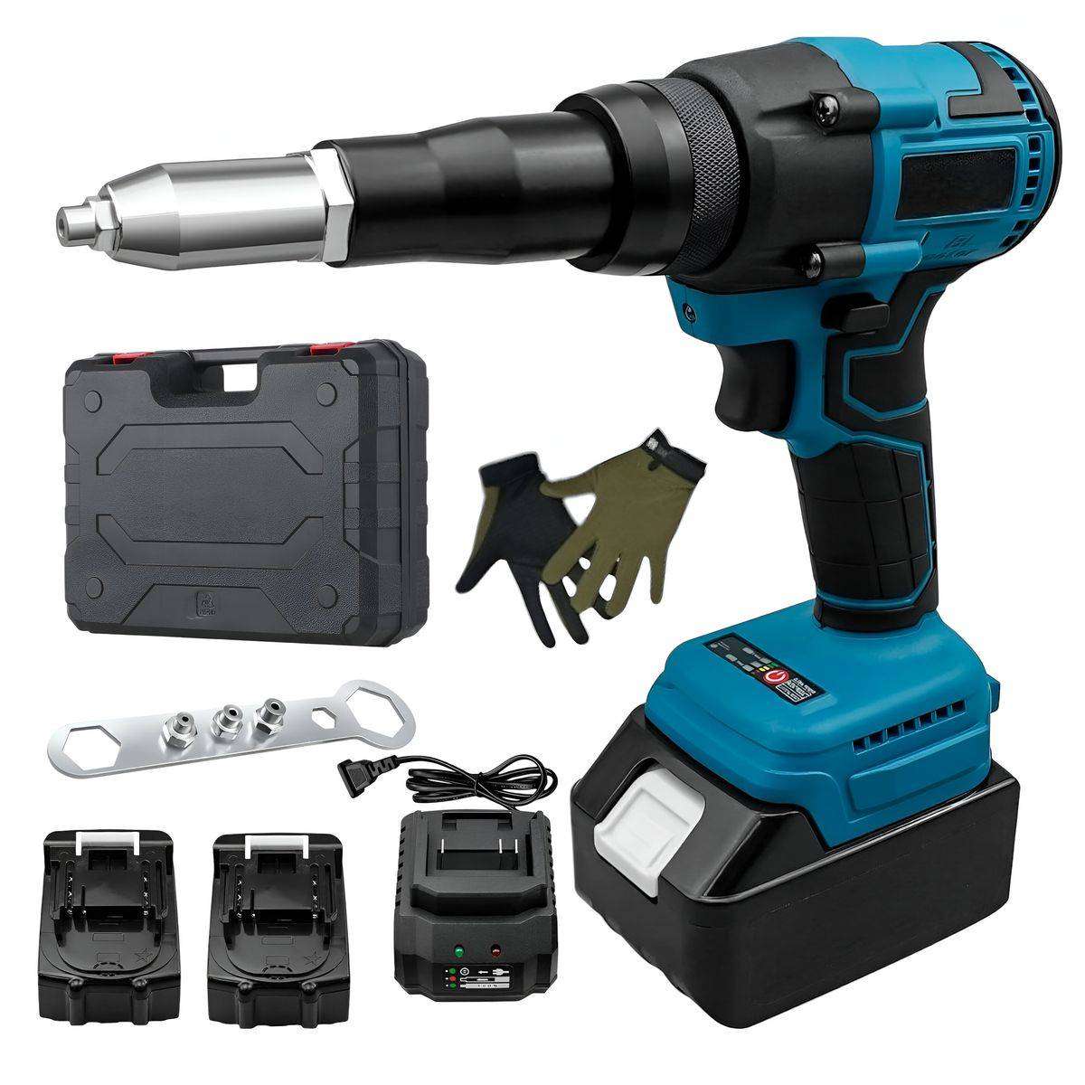 18V Wireless Handheld Rivet Gun, 2 Lithium Rechargeable Batteries & Gloves