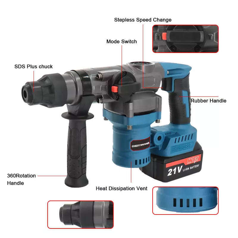21V Cordless Rotary Hammer Drill - Heavy Duty 850W BL Motor Hammer Drill
