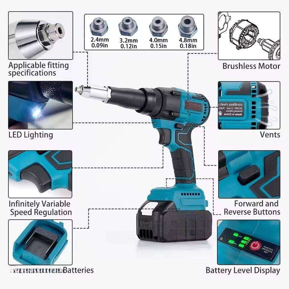 18V Wireless Handheld Rivet Gun, 2 Lithium Rechargeable Batteries & Gloves