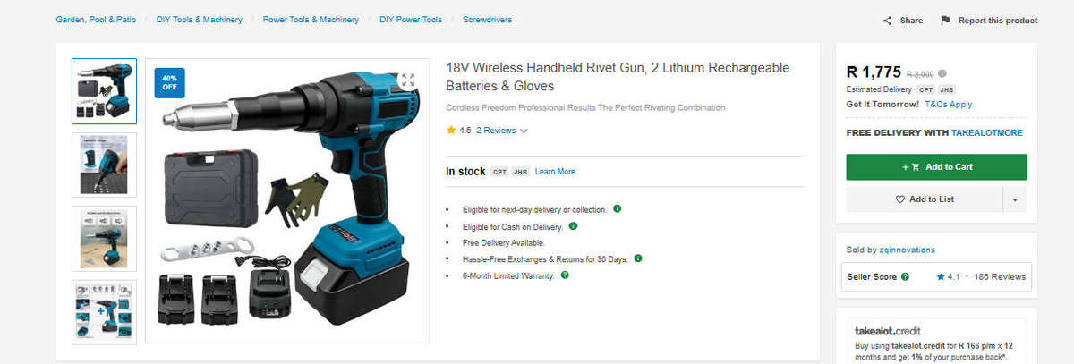 18V Wireless Handheld Rivet Gun, 2 Lithium Rechargeable Batteries & Gloves