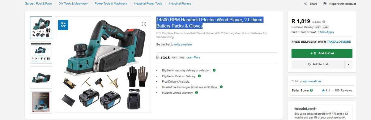 14500 RPM Handheld Electric Wood Planer, 2 Lithium Battery Packs & Gloves