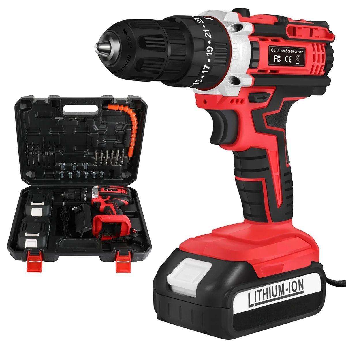 21V Cordless Lithium Impact Drill Set With Drill Bits, Gloves & Case - 29 Piece